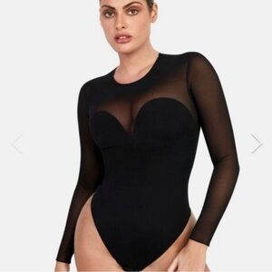 Popilush Black Long Sleeve Thong Mesh Bodysuit M